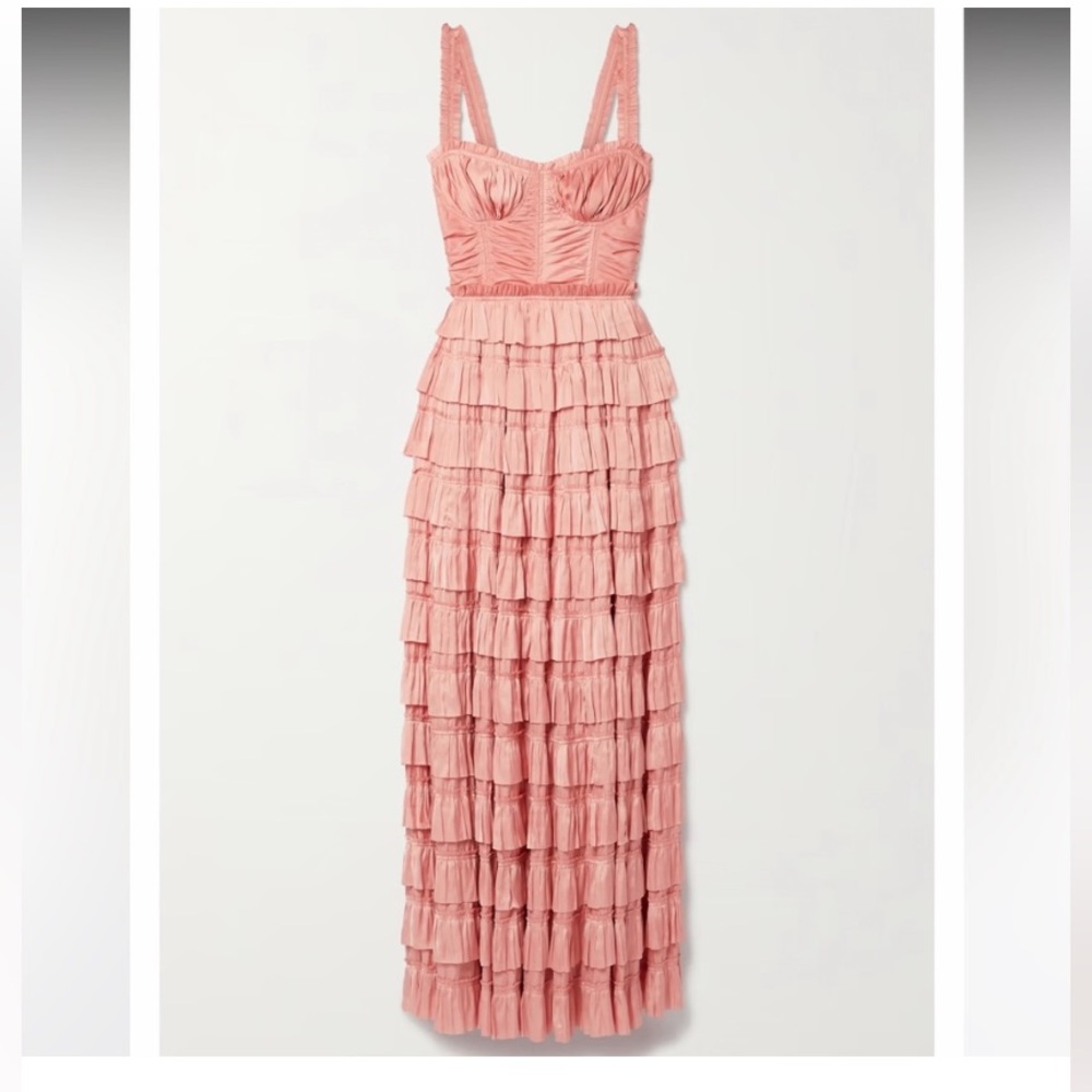 Ulla Johnson Camille - Tiered Plissé Satin Maxi Dress in Pink, 06